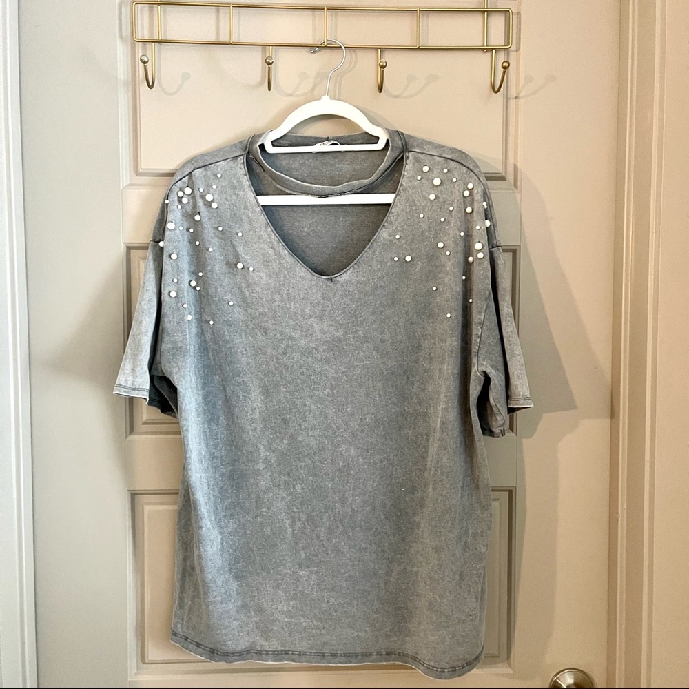 ZARA Distressed Oversized T-Shirt with Pearls
